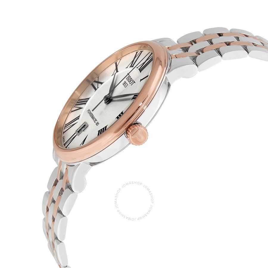 Side view of Tissot Carson watch showing two-tone rose gold and stainless steel case profile and bracelet