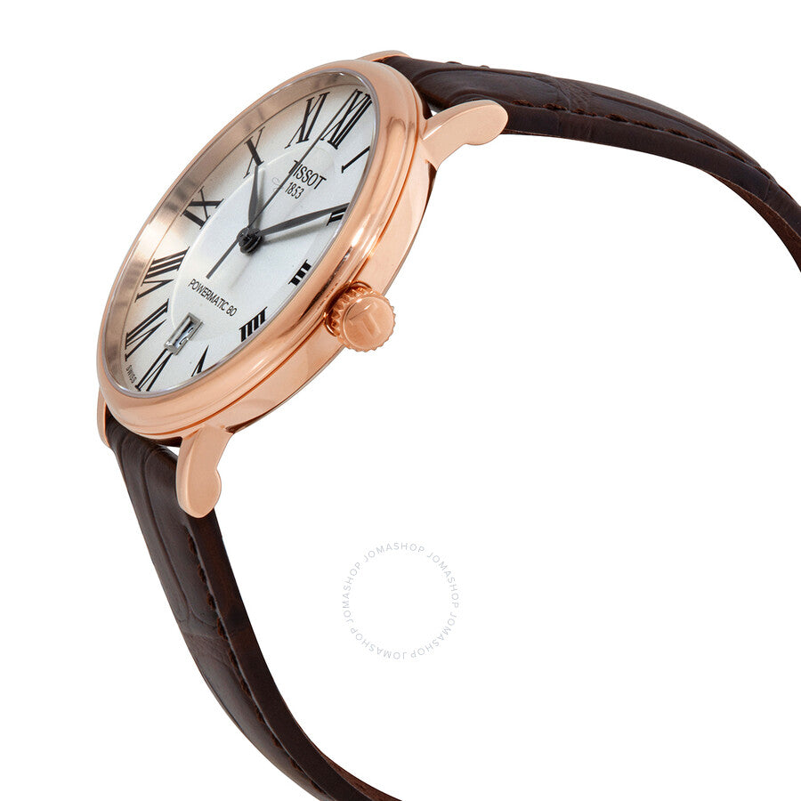 Tissot Carson watch side view showing rose gold case and brown crocodile leather strap
