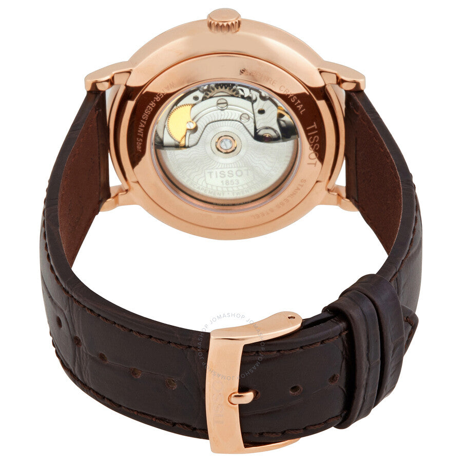 Tissot Carson caseback showing Powermatic 80 automatic movement with rotor and transparent case back