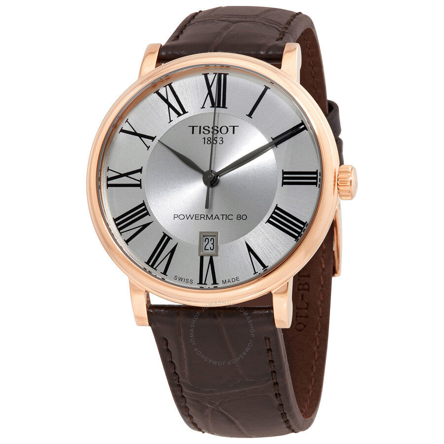 Tissot Carson rose gold automatic watch with silver dial and Roman numerals on brown leather strap