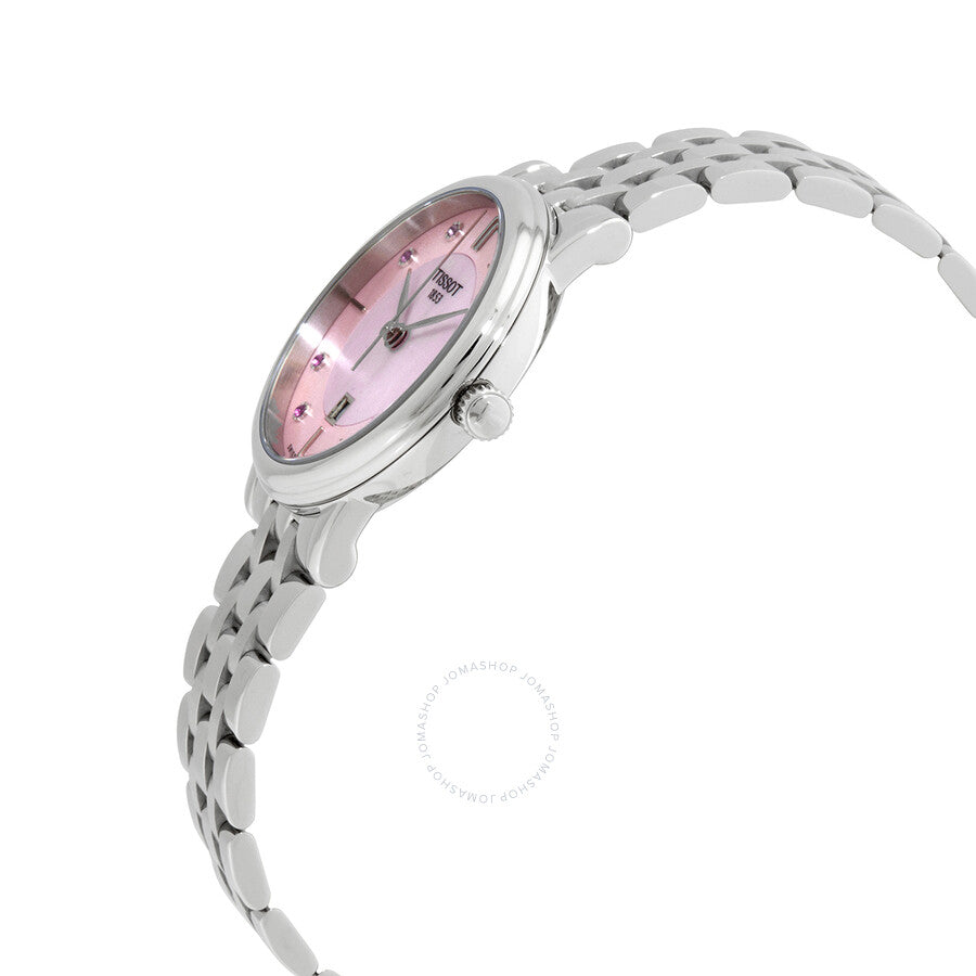 Side angle view of Tissot Carson watch showing pink mother of pearl dial and stainless steel bracelet
