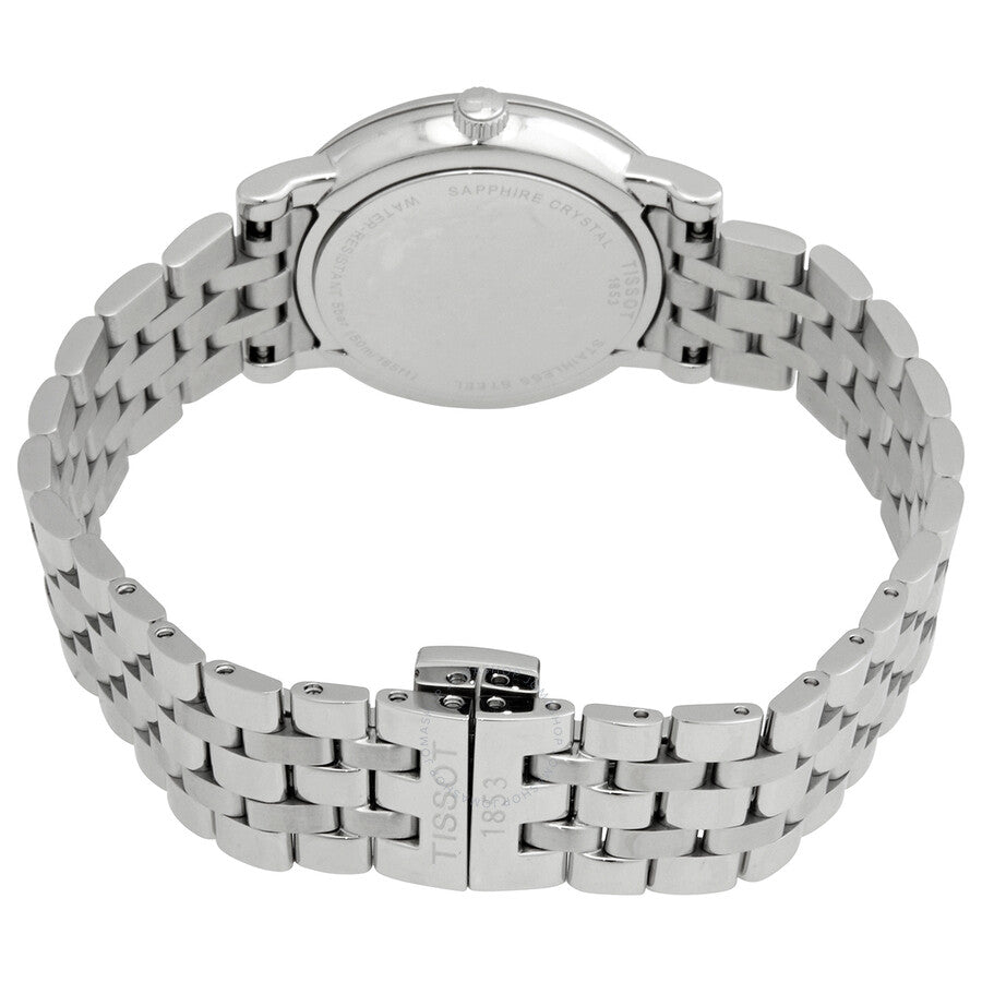 Back view of Tissot Carson watch showing stainless steel caseback and bracelet
