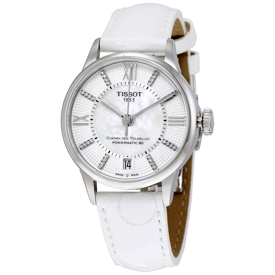 Tissot Chemin Des Tourelles ladies automatic watch with white dial and white leather strap