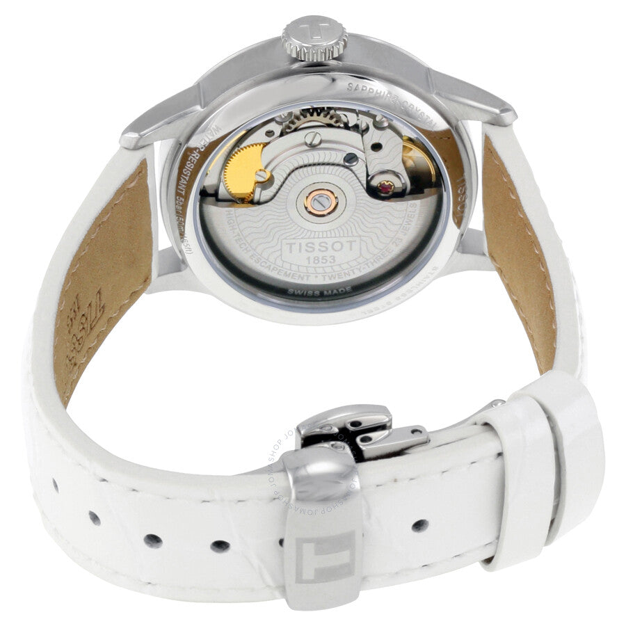 Tissot Chemin Des Tourelles automatic movement visible through caseback with white leather strap