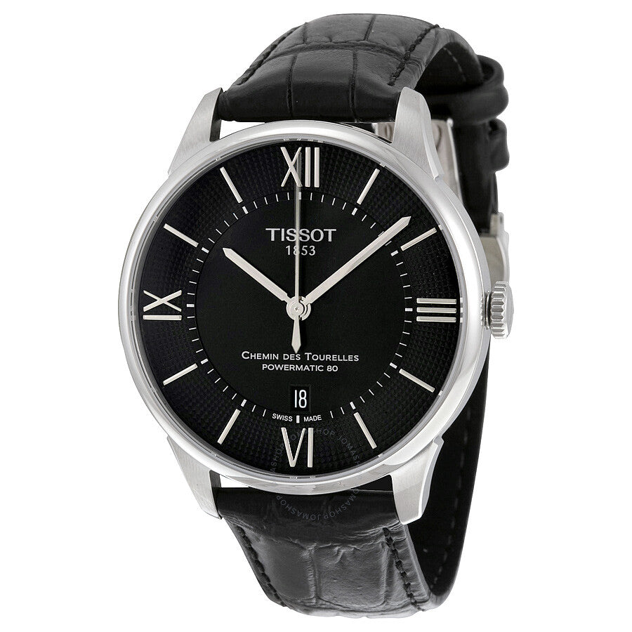 Tissot Chemin Des Tourelles Powermatic 80 men's watch with black dial, Roman numerals, and stainless steel case