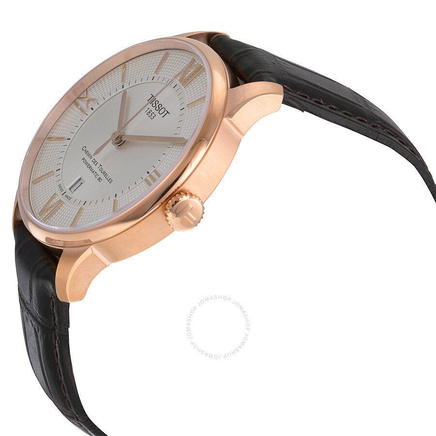 Tissot Chemin Des Tourelles watch side angle view showing rose gold case and crown