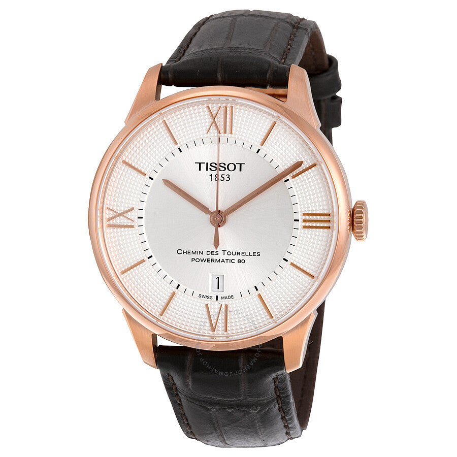 Tissot Chemin Des Tourelles men's watch with rose gold case and black leather strap