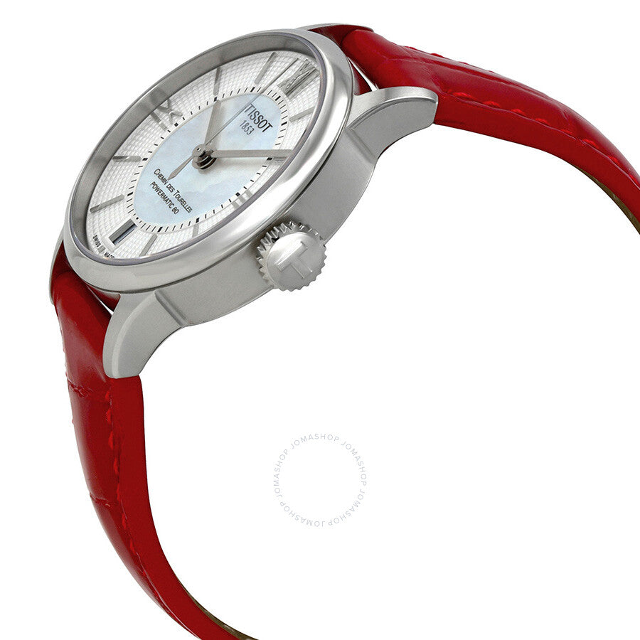 Side angle view of Tissot Chemin Des Tourelles watch showing case and red strap