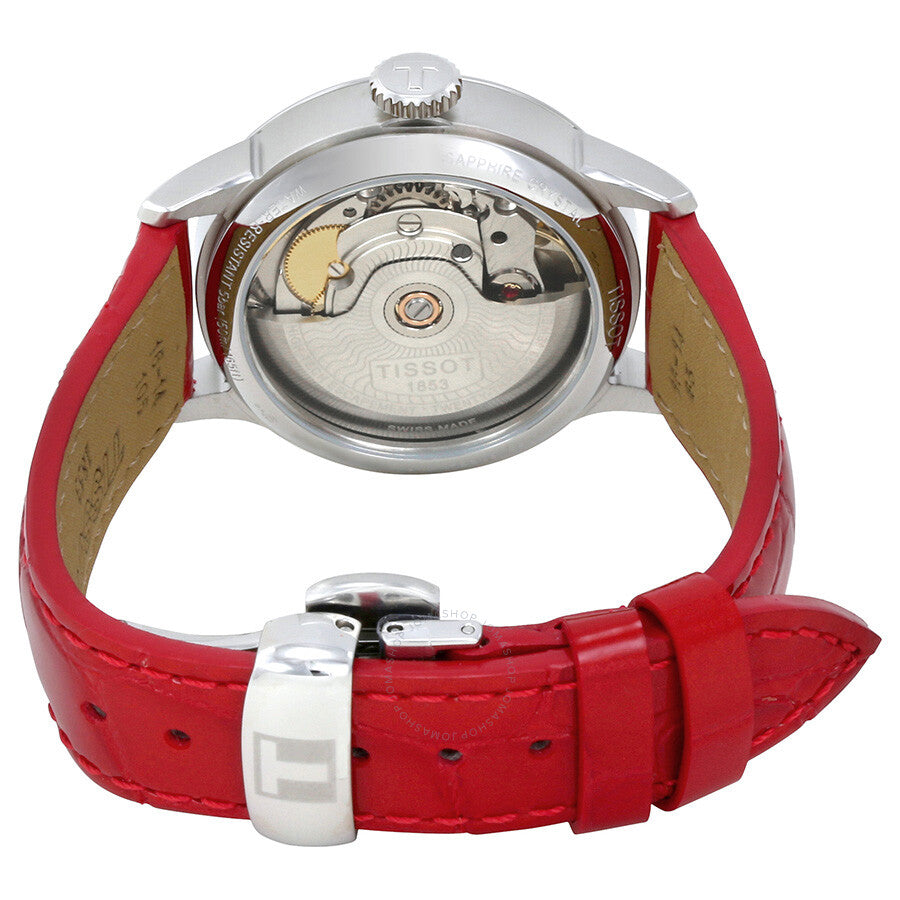 Caseback showing Tissot Powermatic 80 automatic movement and red leather strap