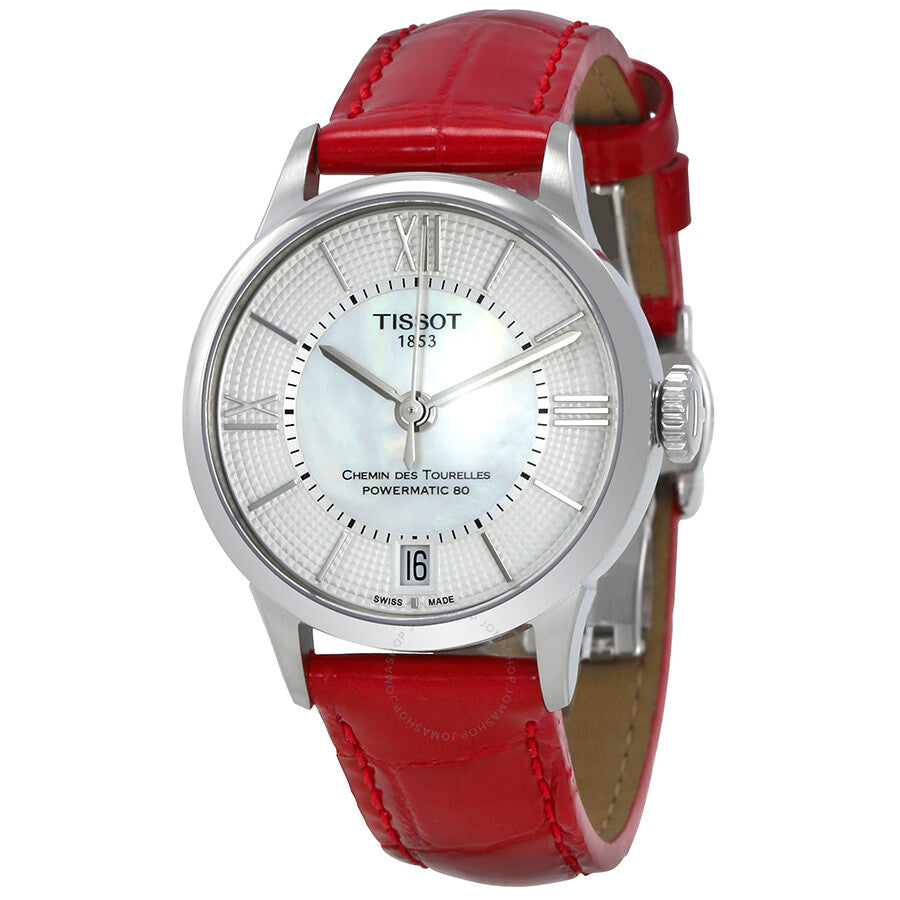 Tissot Chemin Des Tourelles automatic ladies watch with silver dial and red leather strap