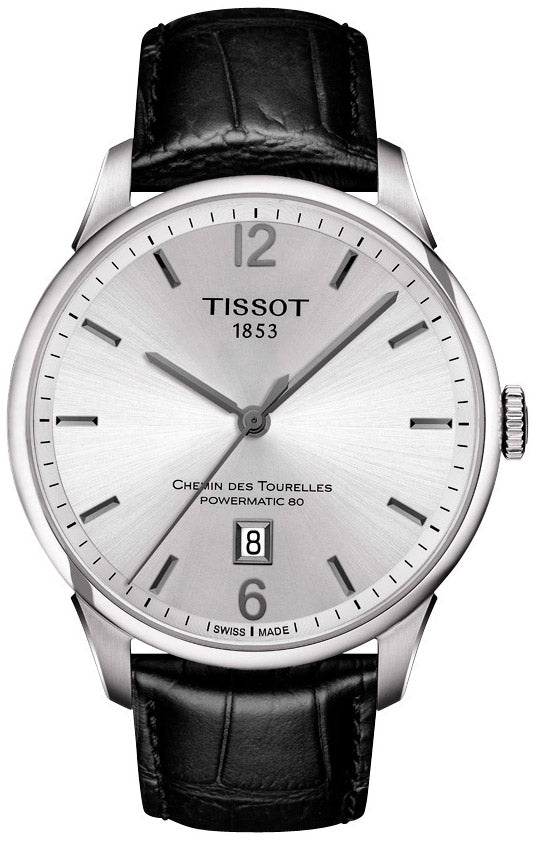 Tissot Chemin Des Tourelles silver dial men's watch with black leather strap