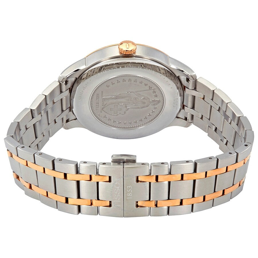 Tissot Chemin des Tourelles caseback showing two-tone steel and rose gold bracelet with rose gold crown