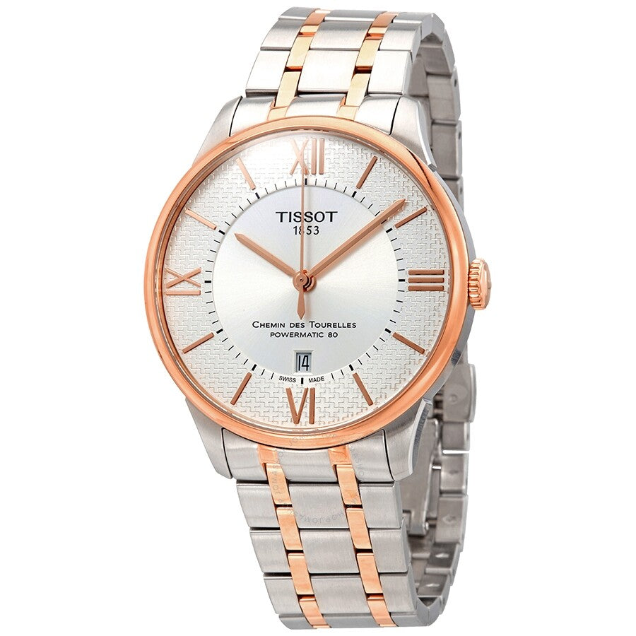 Tissot Chemin des Tourelles automatic men's watch with two-tone rose gold and steel bracelet and silver dial