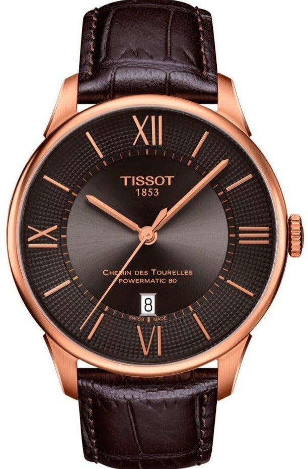 Tissot Chemin des Tourelles rose gold case with black dial and brown leather strap