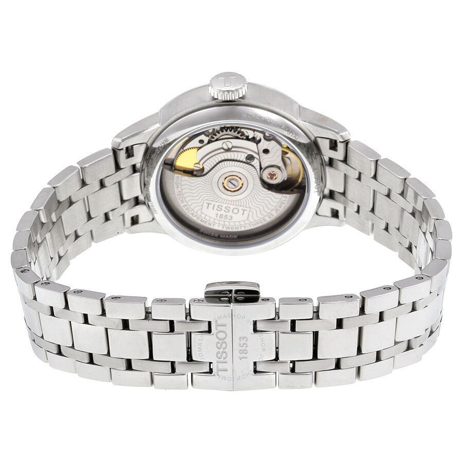 Caseback view of Tissot Chemin Des Tourelles showing automatic movement and stainless steel bracelet