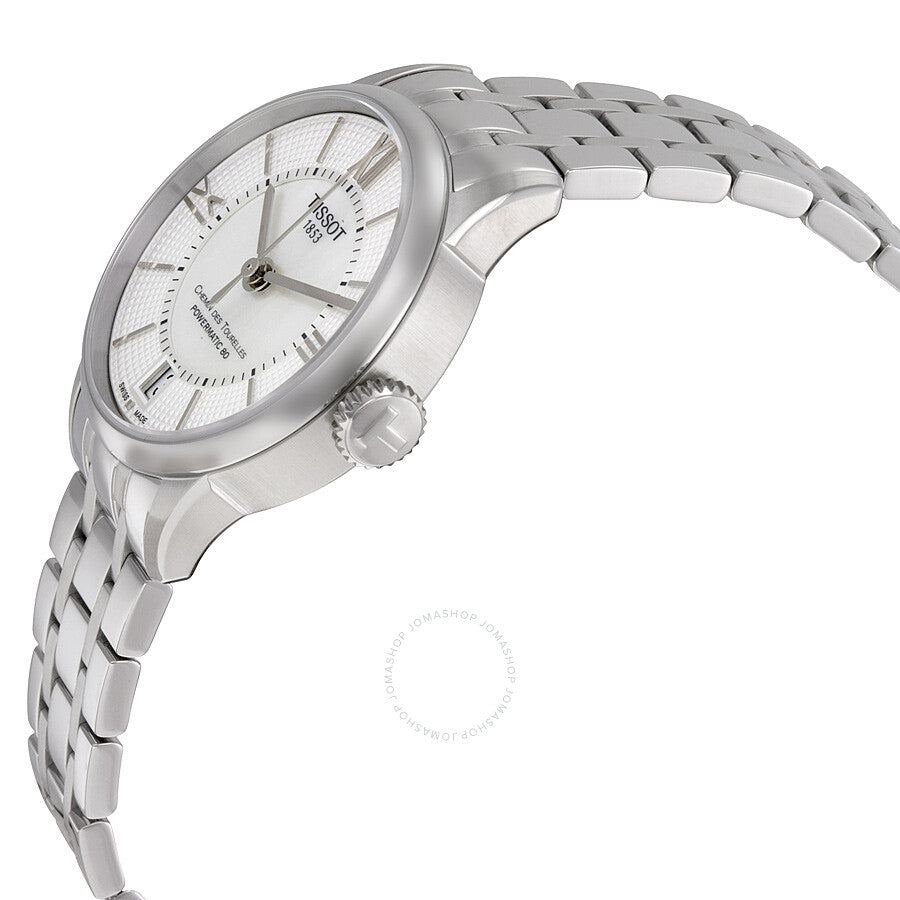 Side view of Tissot Chemin Des Tourelles watch showing case profile and stainless steel bracelet
