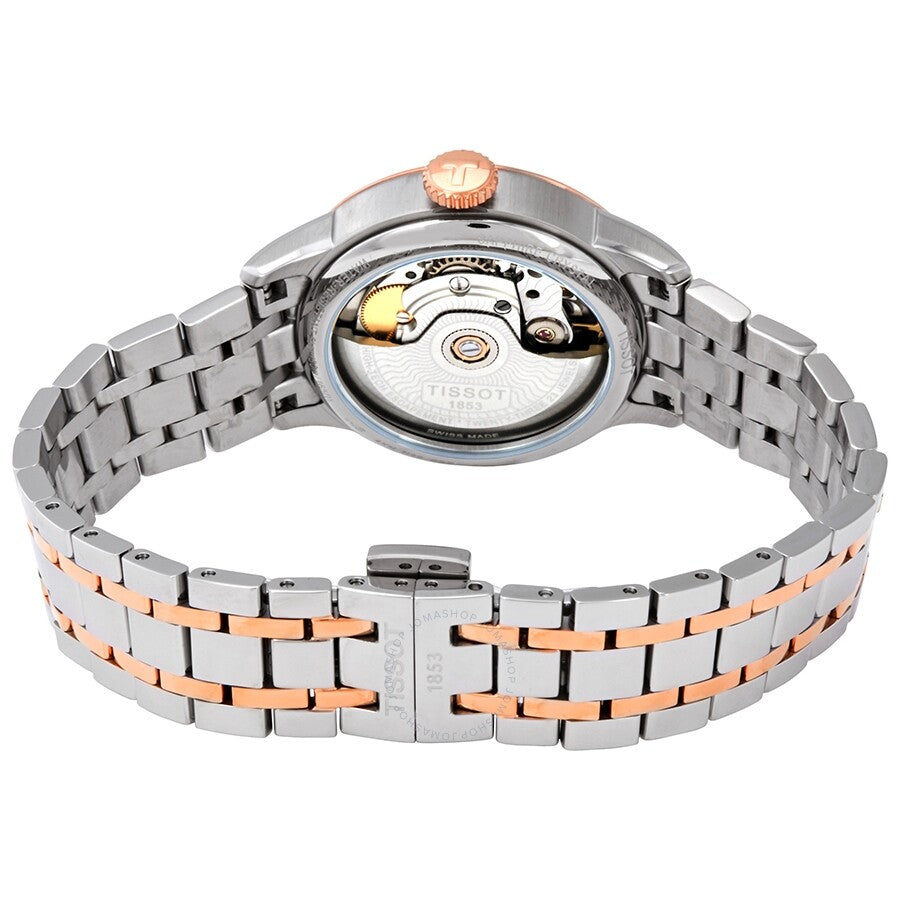 Caseback view of Tissot Chemin des Tourelles showing automatic movement and two-tone steel and rose gold bracelet