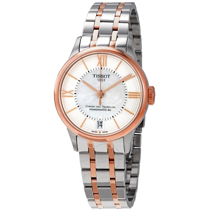 Tissot Chemin des Tourelles ladies watch with mother of pearl dial, rose gold and steel two-tone case and bracelet