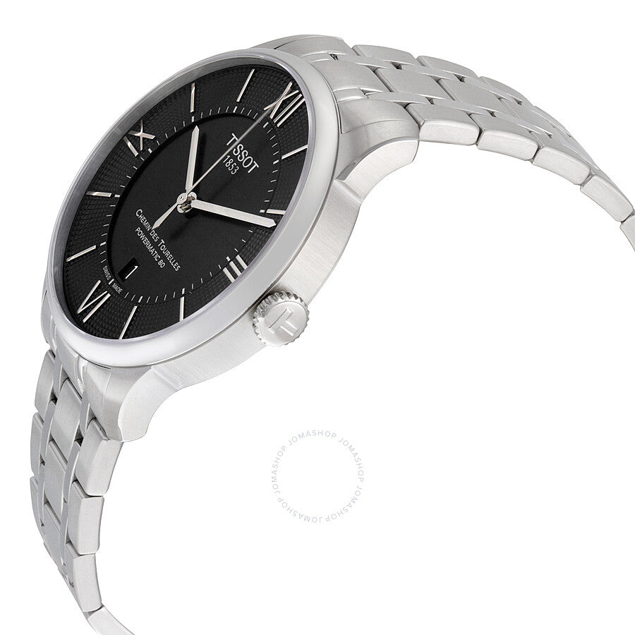 Tissot Chemin des Tourelles watch side view showing stainless steel case and bracelet