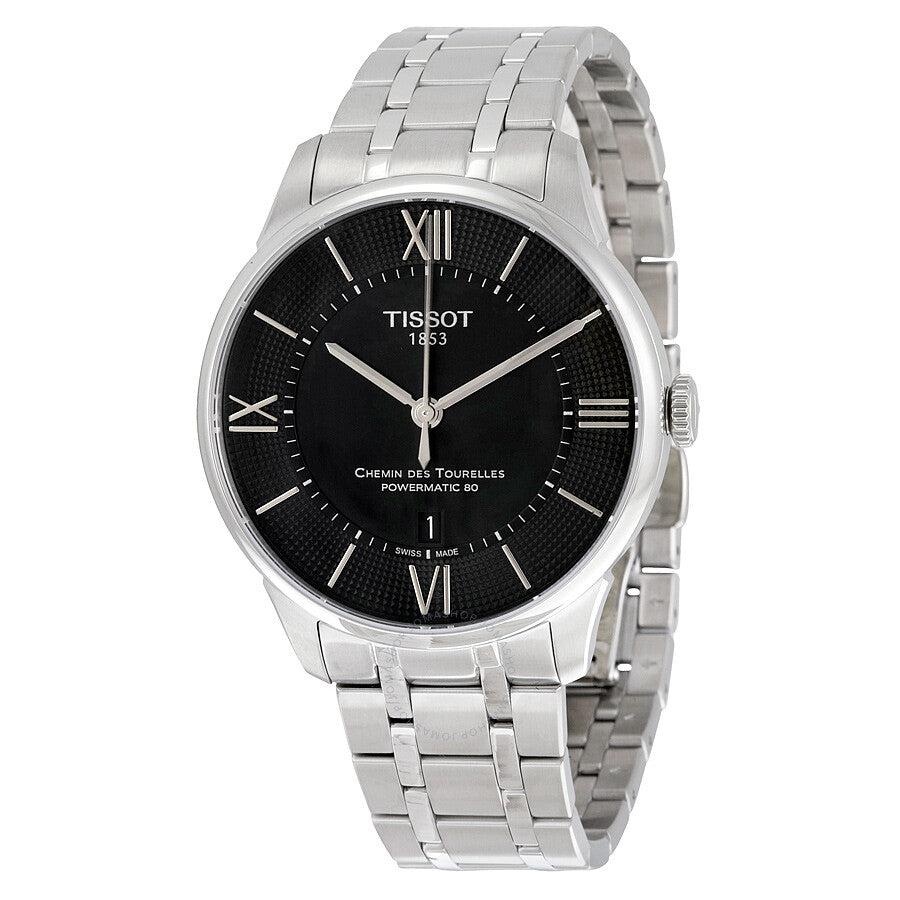 Tissot Chemin des Tourelles Powermatic 80 men's watch with black dial and stainless steel bracelet