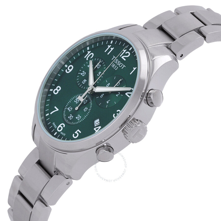 Tissot Chrono XL Classic watch angled view showing green dial and stainless steel bracelet