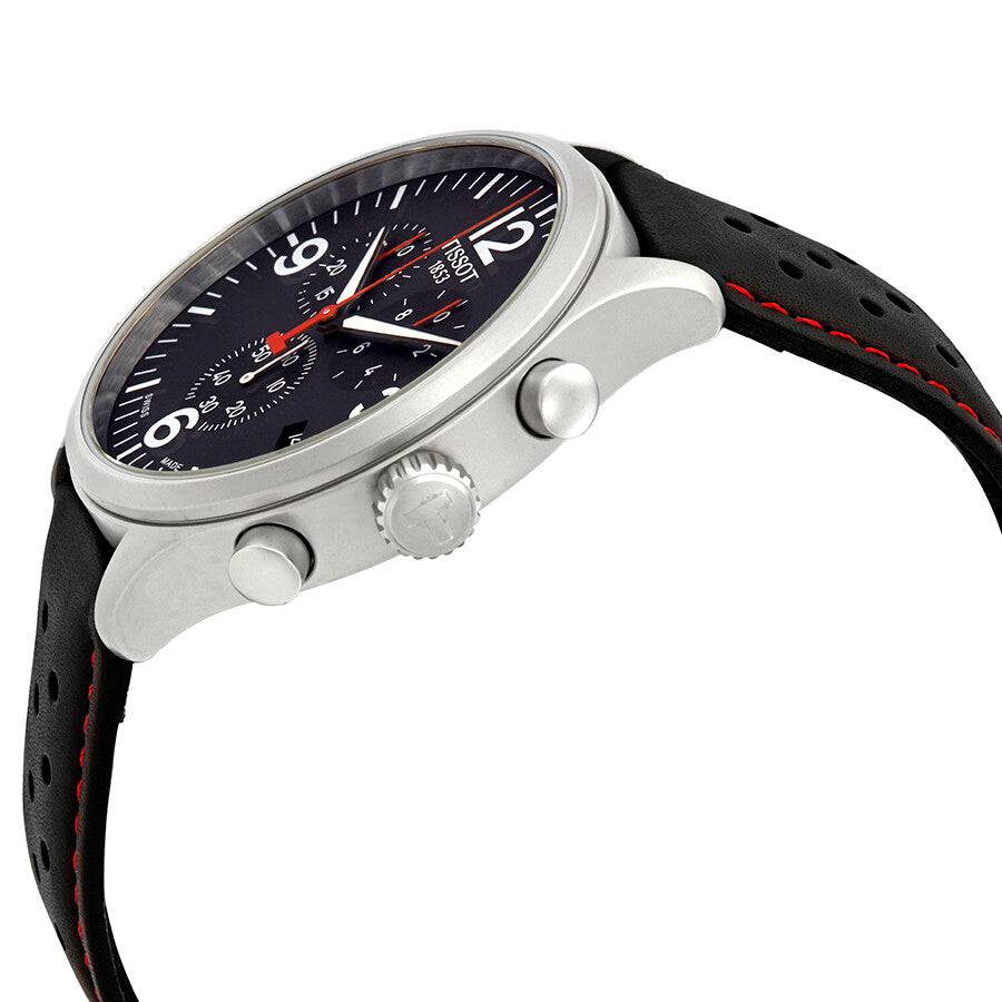Tissot Chrono XL watch shown at angle displaying stainless steel case, chronograph subdials, and perforated black leather strap