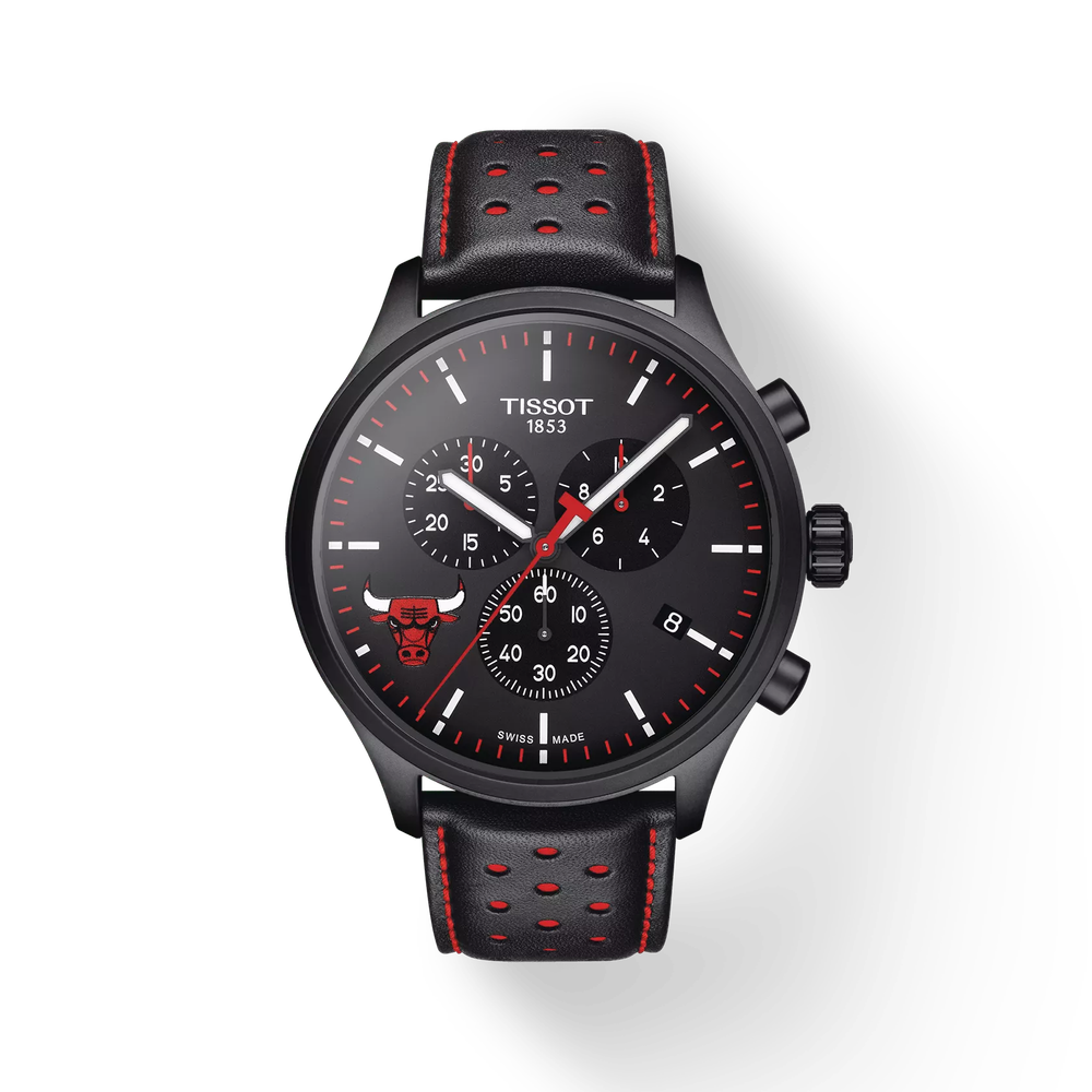 Tissot Chrono XL Chicago Bulls chronograph watch with black dial and red leather strap