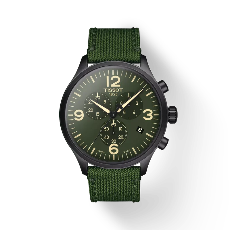 Tissot Chrono XL green dial watch with black case and green fabric strap