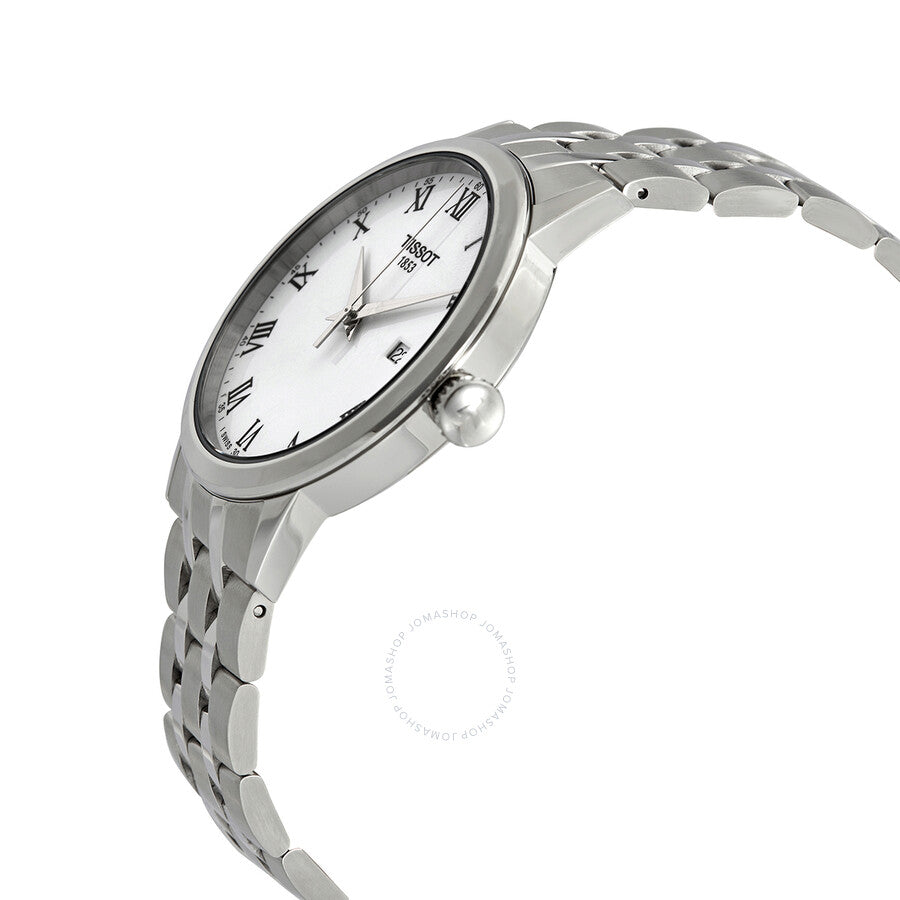 Tissot Classic Dream watch shown at an angle displaying white dial and bracelet
