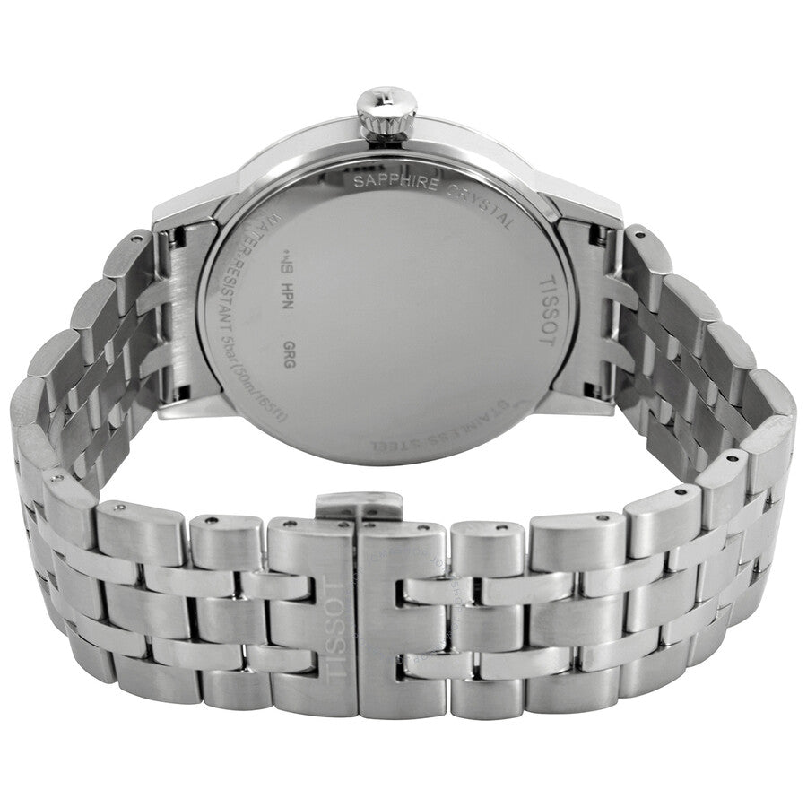 Tissot Classic Dream caseback showing sapphire crystal and stainless steel bracelet