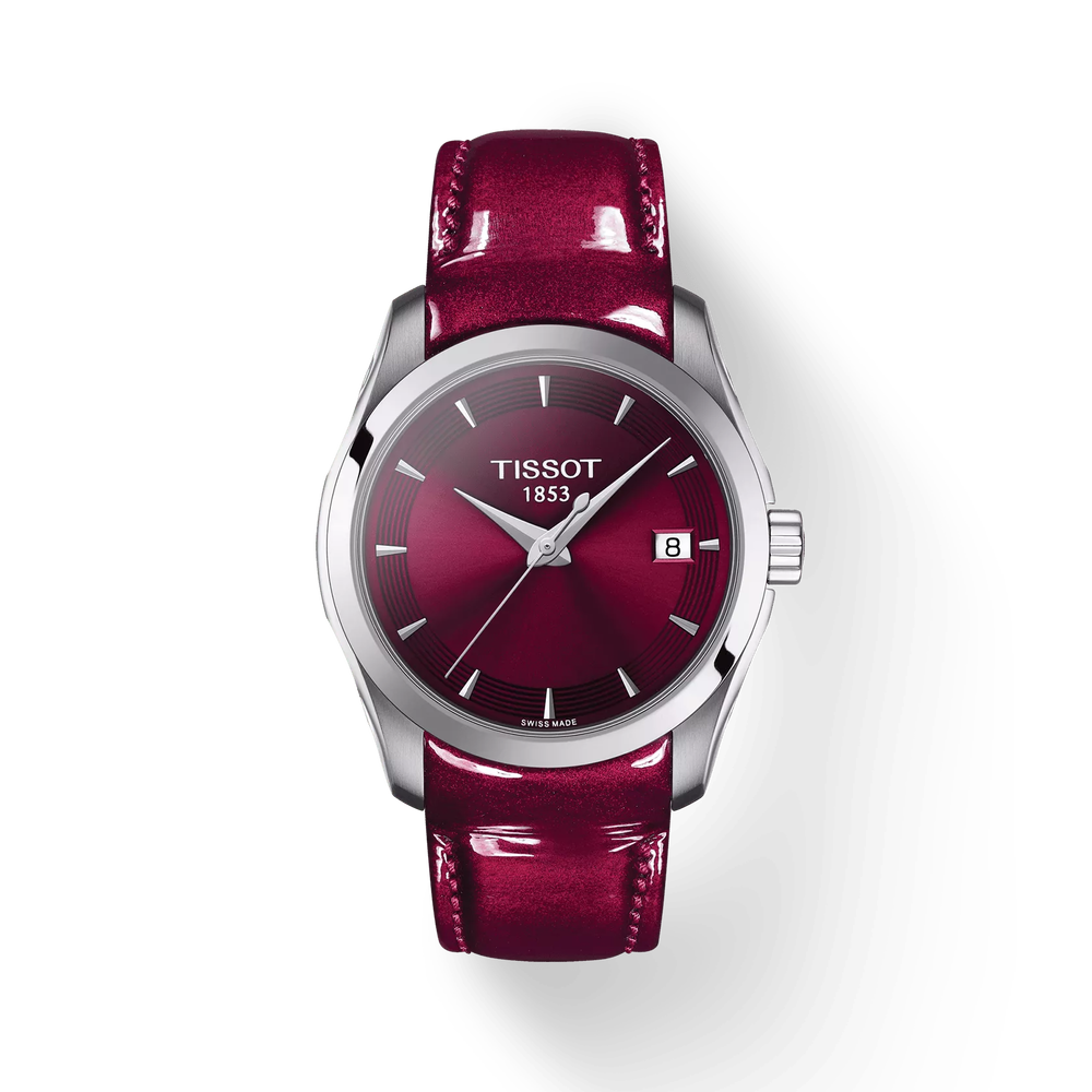 Tissot T-Classic Couturier women's quartz watch with burgundy dial and burgundy leather strap