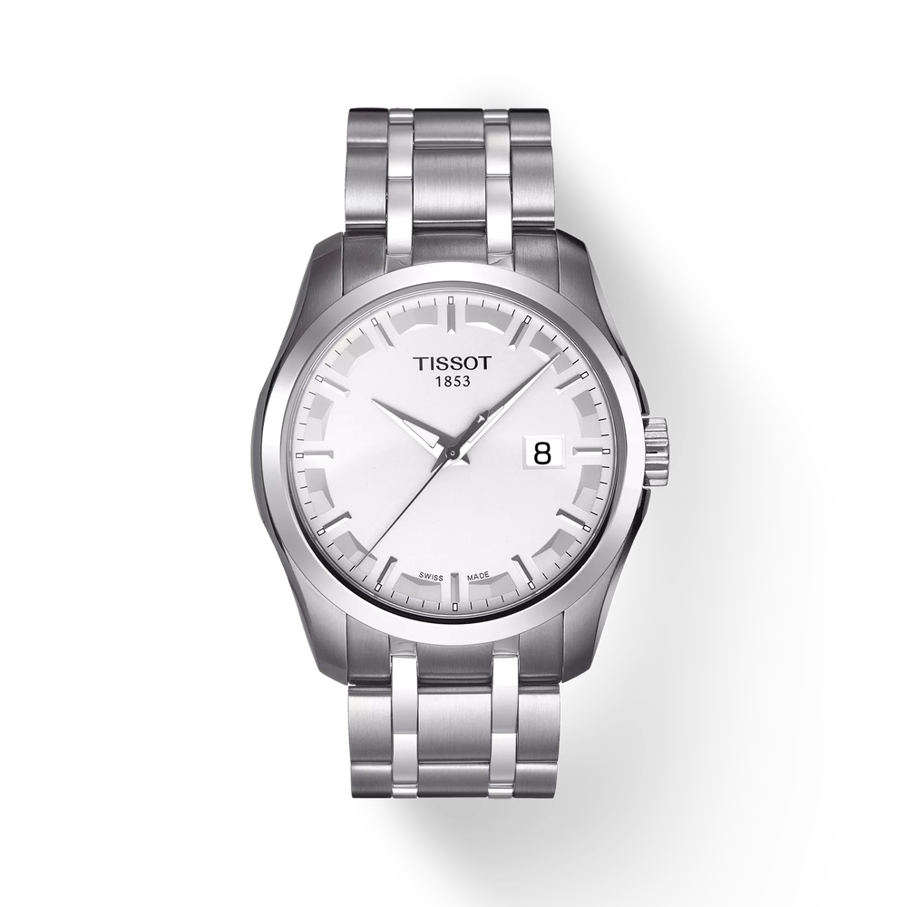 Tissot Couturier quartz watch with white dial, stainless steel bracelet, and date window