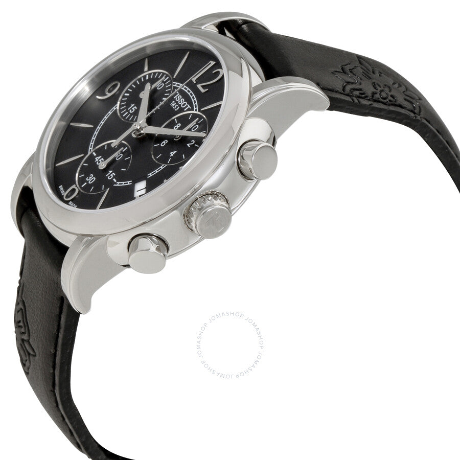 Tissot Dressport watch side view showing chronograph pushers and black leather strap