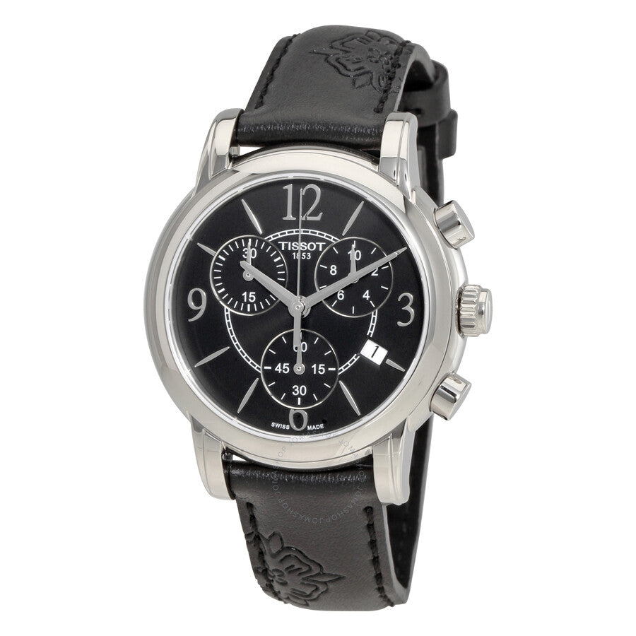 Tissot Dressport ladies watch with black dial, stainless steel case, and black leather strap