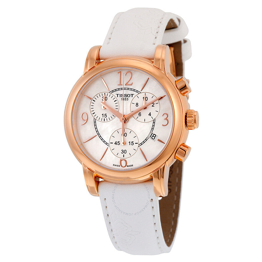 Tissot Dressport ladies watch with mother-of-pearl dial, rose gold case, and white leather strap