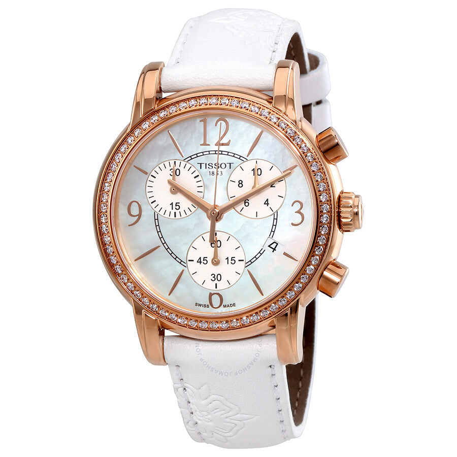 Tissot Dressport ladies chronograph watch with white mother of pearl dial and rose gold case