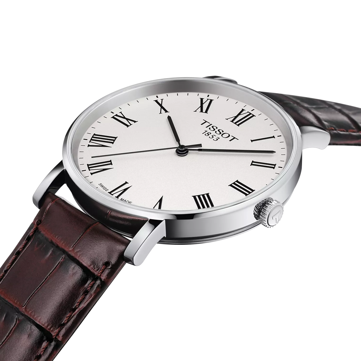 Tissot Everytime dial detail with Roman numerals and silver background