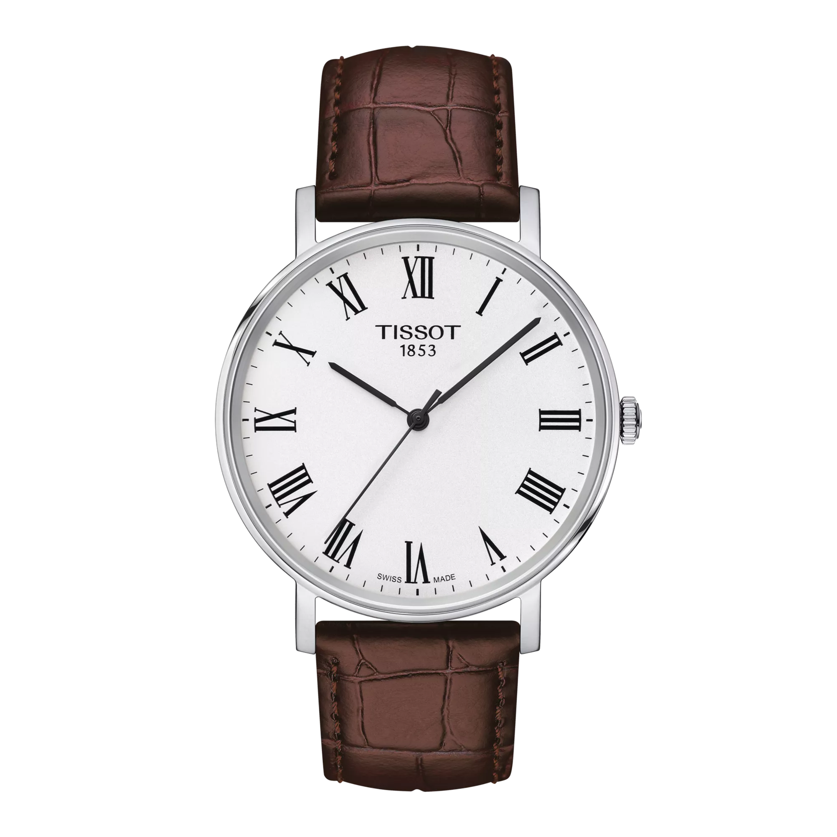 Tissot Everytime Medium watch with silver dial and brown leather strap