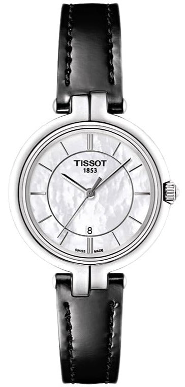 Tissot Flamingo women's watch with mother-of-pearl dial and black leather strap