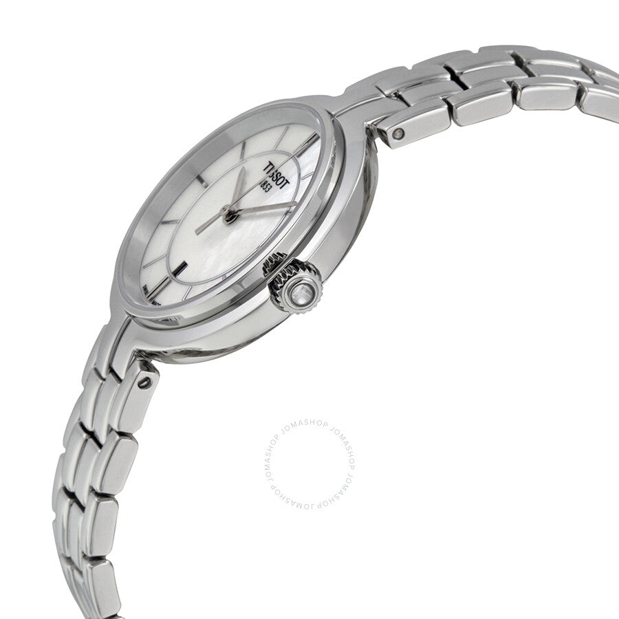 Side angle view of Tissot Flamingo watch with mother-of-pearl dial and steel bracelet