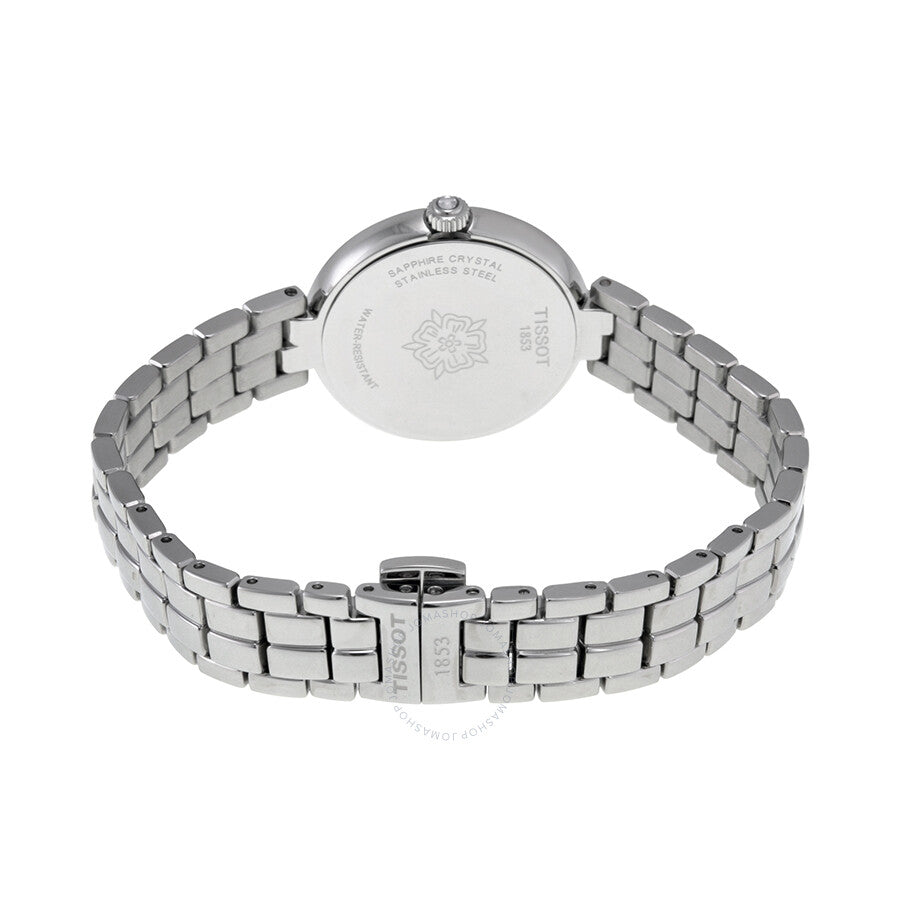 Back case view of Tissot Flamingo ladies watch with stainless steel bracelet