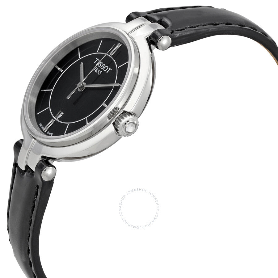 Tissot Flamingo watch angled side view showing black leather strap and silver case