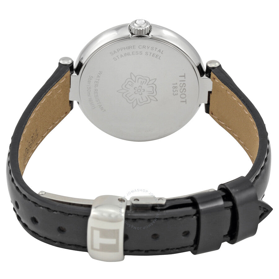 Tissot Flamingo caseback with sapphire crystal, stainless steel back, and black leather strap