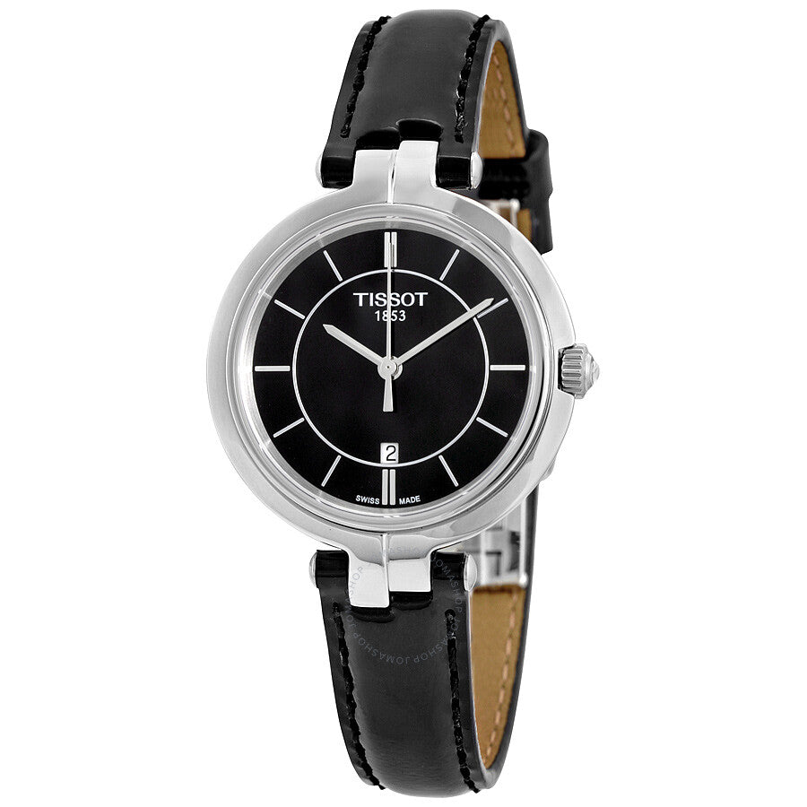 Tissot Flamingo black dial women's watch with stainless steel case and black leather strap