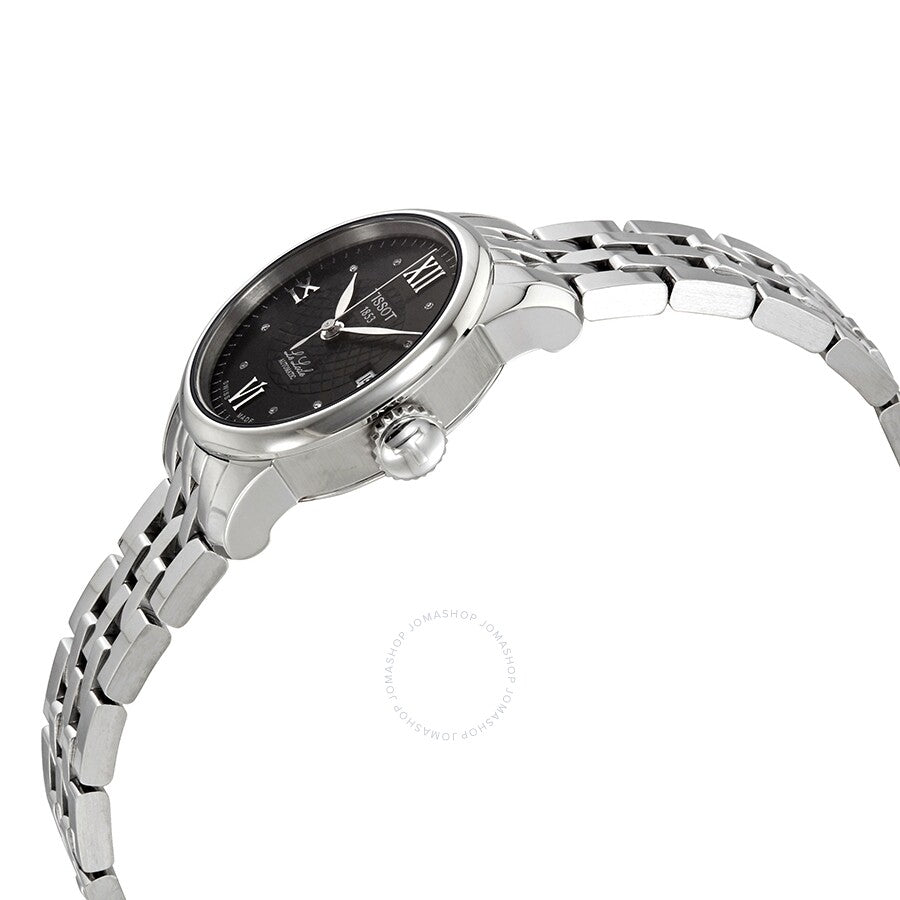 Tissot Le Locle ladies watch shown from side angle with stainless steel bracelet