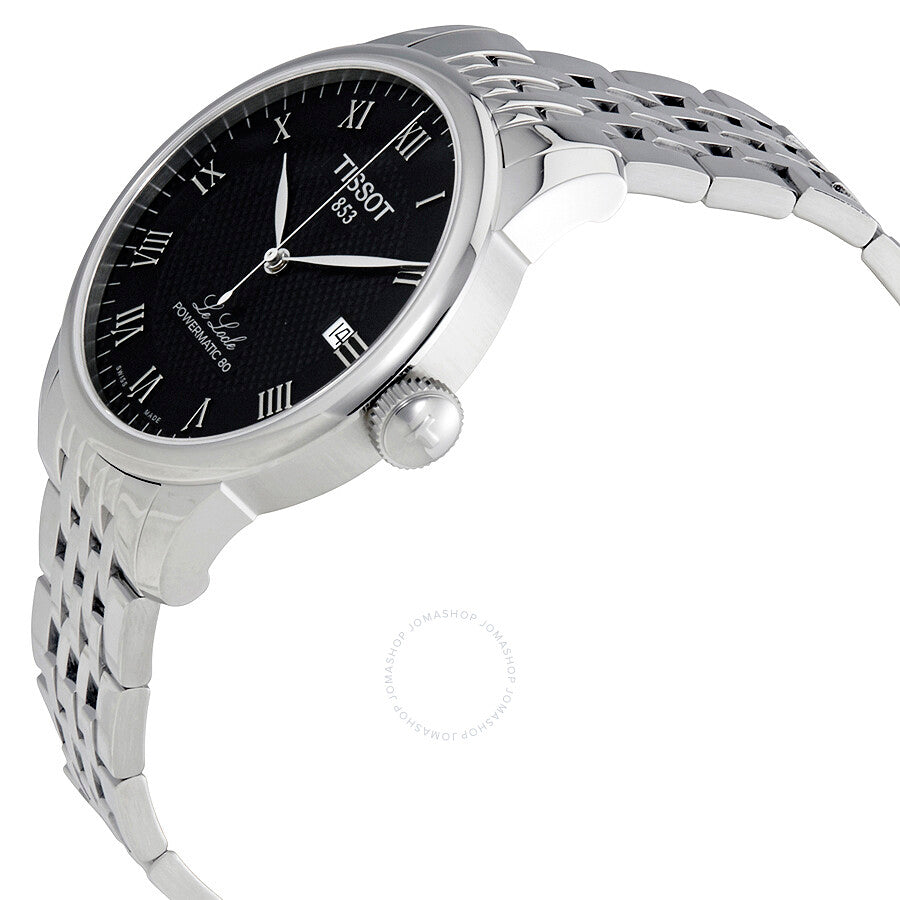 Tissot Le Locle Powermatic 80 watch angled view showing stainless steel bracelet and case