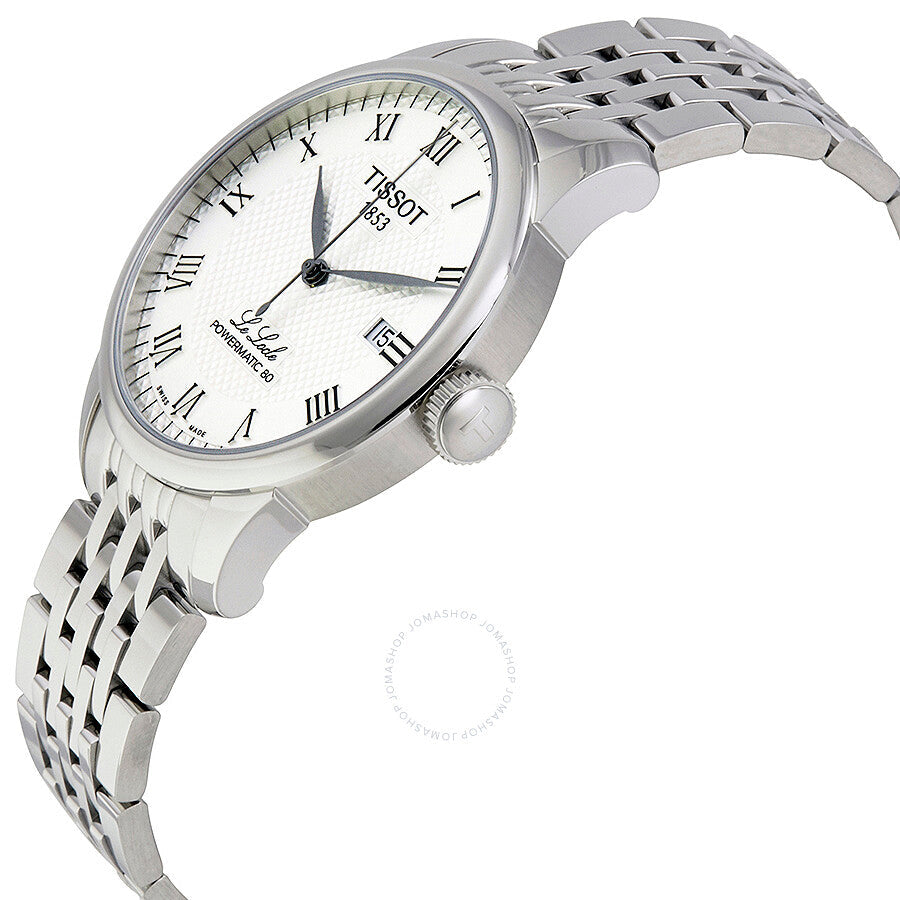 Tissot Le Locle Powermatic 80 watch shown at angle with stainless steel bracelet