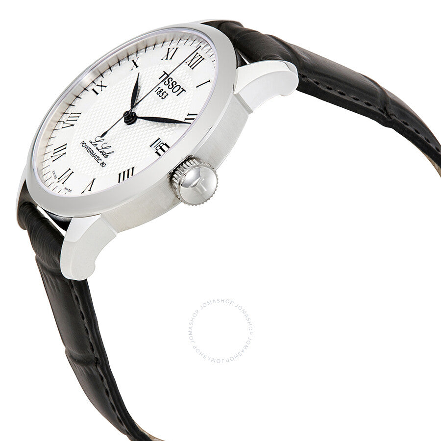 Tissot Le Locle Powermatic 80 watch shown from side angle with white dial and black leather strap