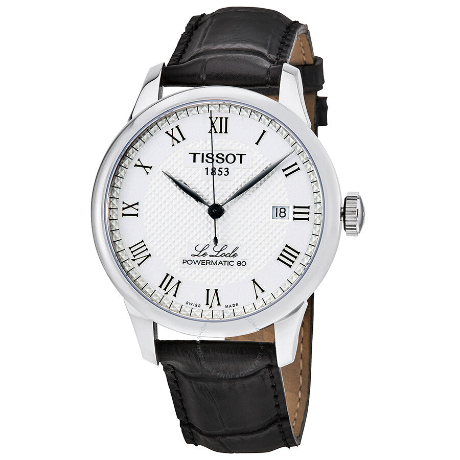 Tissot Le Locle Powermatic 80 automatic men's watch with stainless steel case, white dial with Roman numerals, and black leather strap