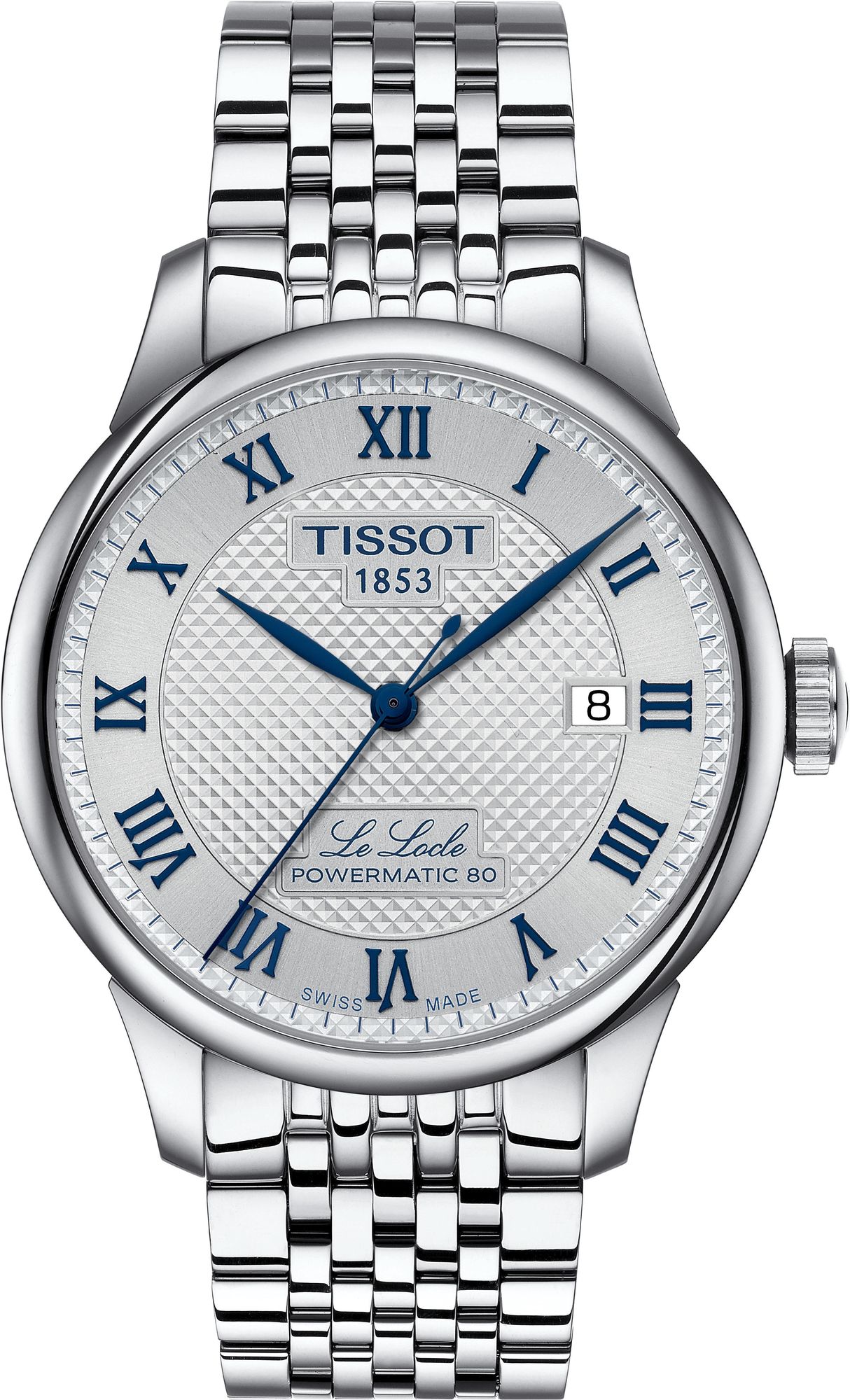 Tissot Le Locle Powermatic 80 20th Anniversary men's watch with silver dial and blue Roman numerals